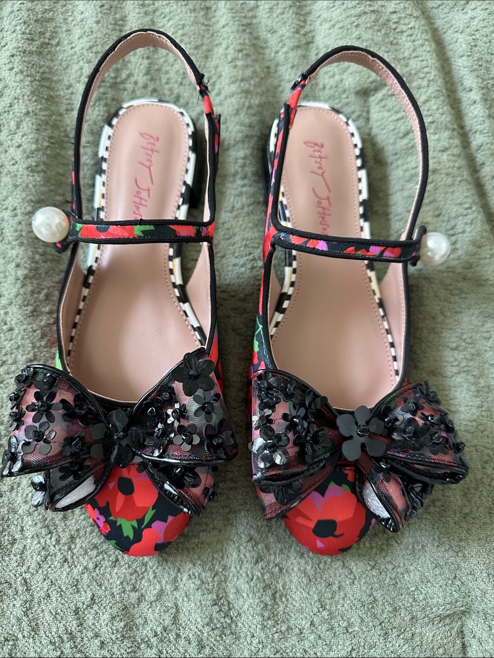 Betsey Johnson Red Floral Slingback Sandals with Black Bow & Pearl Accent
